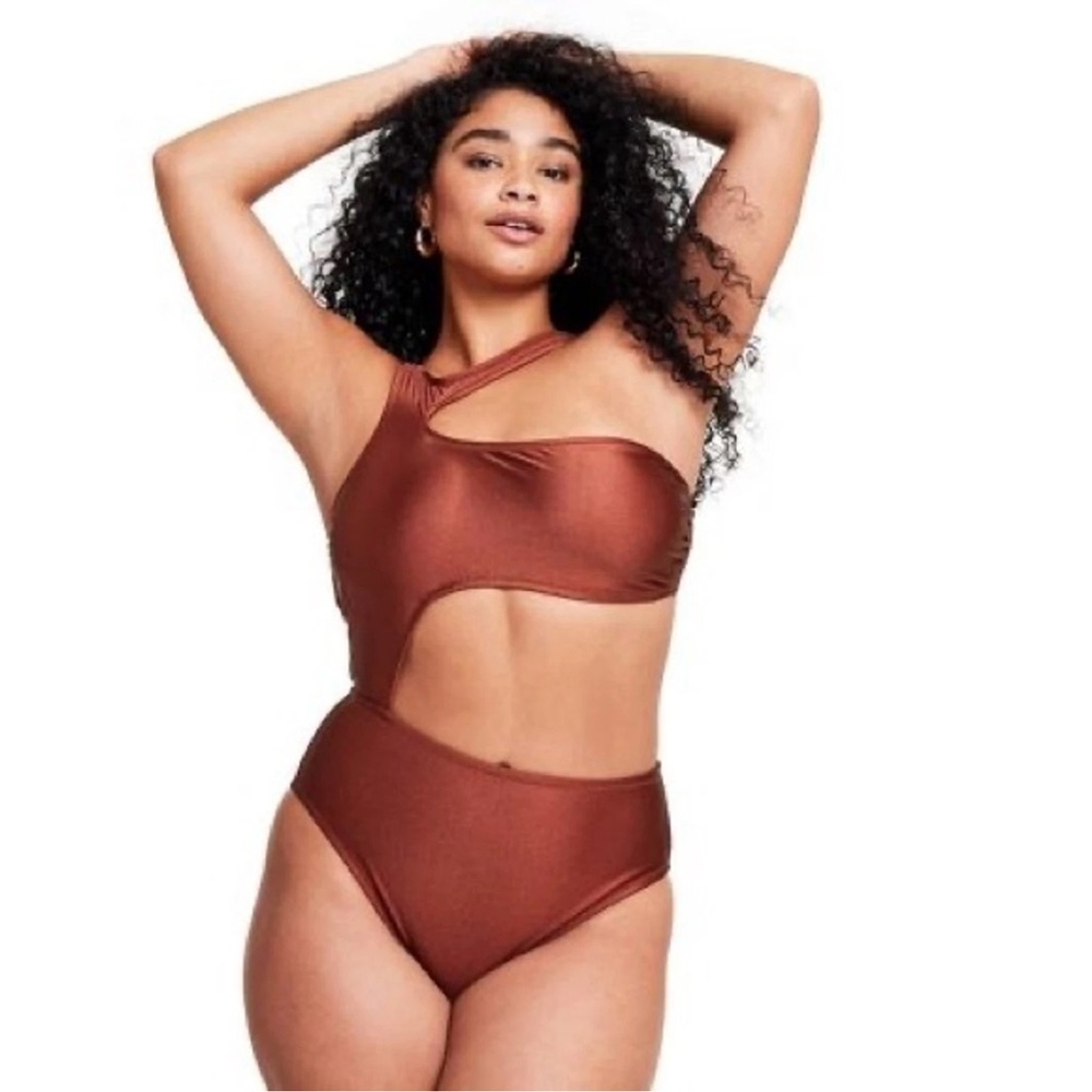 Fe Noel x Target Asymmetrical Metallic Cut Out Bronze Cheeky One Piece Swimsuit